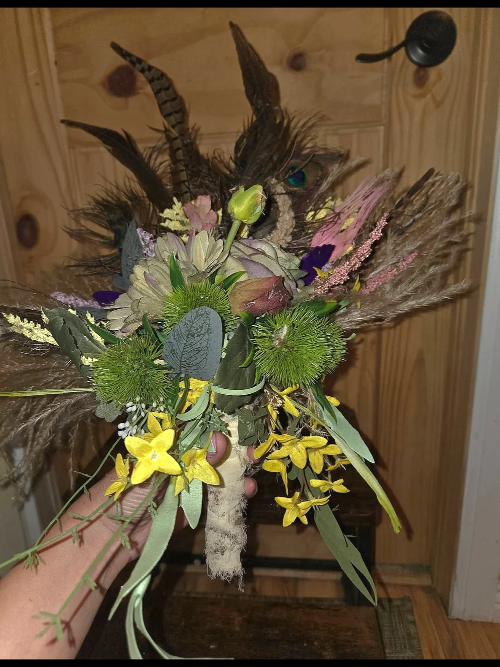 Handmade Boho Peacock Feather Pampas Grass Faux Floral Rustic Cottage Home Decor
